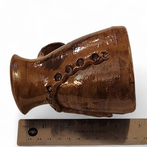 Vintage Handmade Pottery Pitcher Signed Brown Glazed Ceramic Jug Rustic Decor 5” - Picture 6 of 8